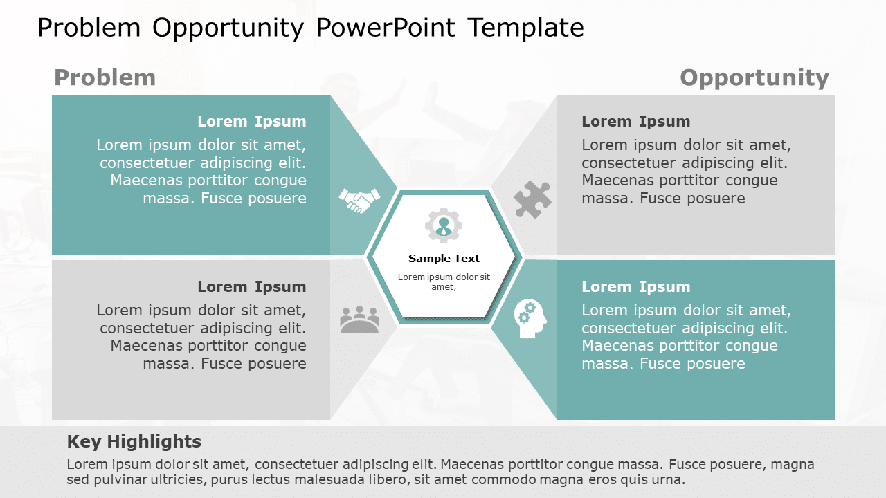 Problem Oppurtunity Table Teal and Gray Problem-Opportunity Hexagonal Layout Slide Template