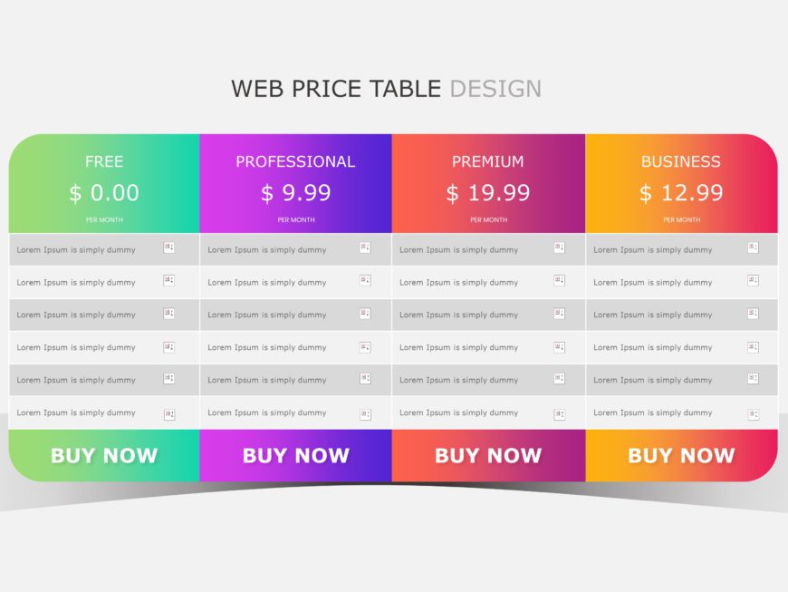 Gradient Multi-Color Pricing Table for Subscription Plans Powerpoint Template