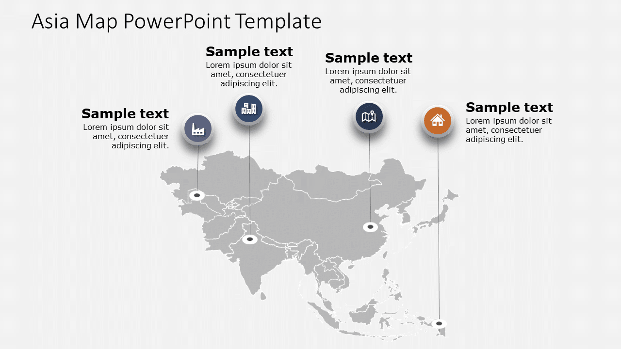 Asia Map Overview with Icon Markers in Gray and Orange Powerpoint Template