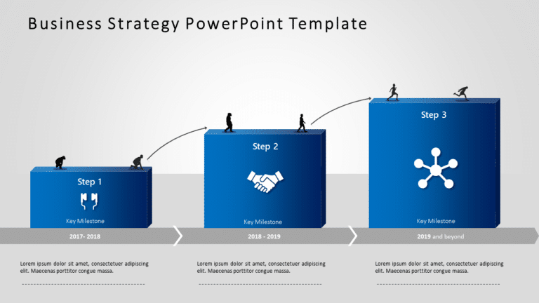 Blue Gradient Milestone Steps with Silhouette Figures Powerpoint Template & Google Slides Theme