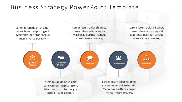 Orange and Navy Circular Business Process Icons on 3D Blocks Slide Template & Google Slides Theme