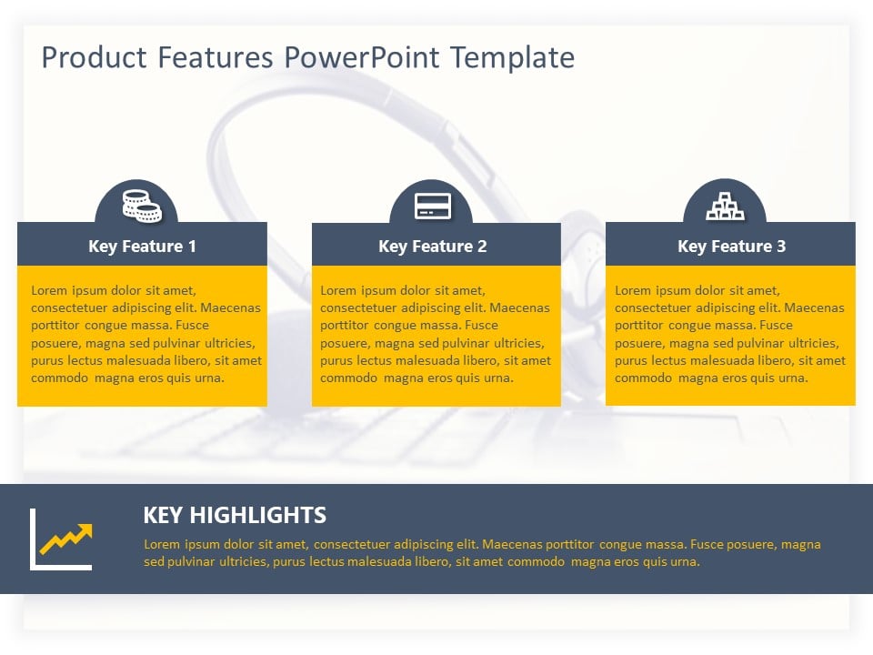 Feature Introduction Layout Yellow and Gray Key Features Layout with Icon Highlights Slide Template