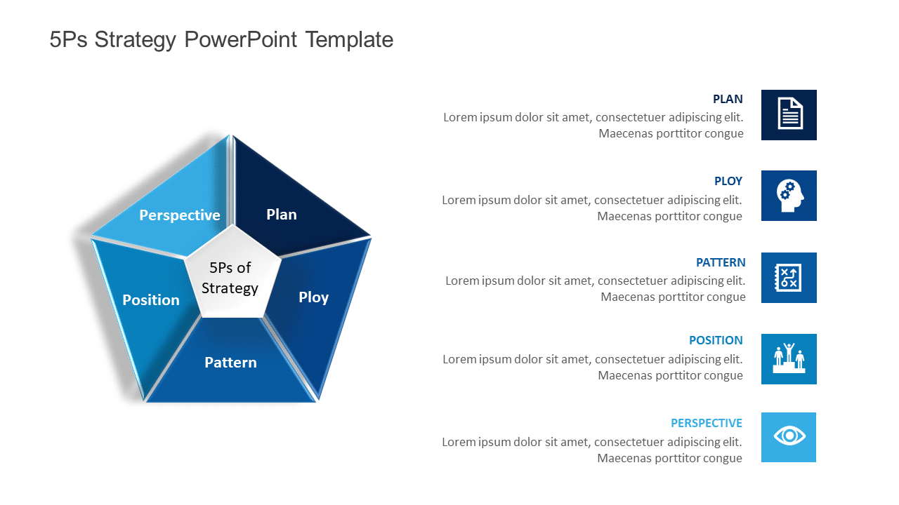 5Ps Strategy Pentagon Diagram in Blue Shades Slide Template