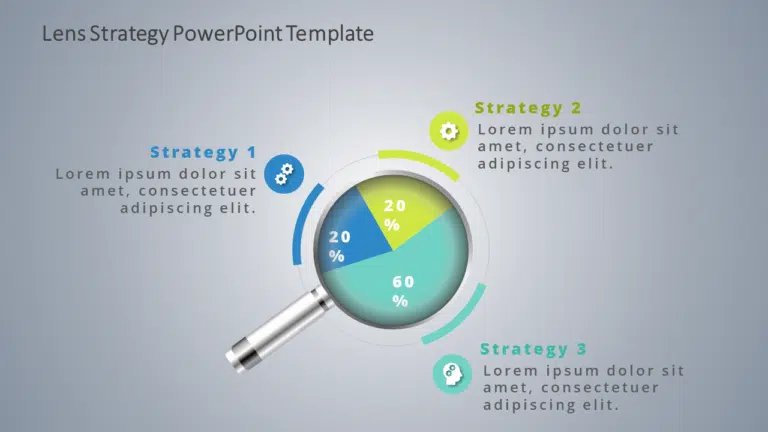 Lens Strategy Diagram with Blue and Green Pie Chart Powerpoint Template & Google Slides Theme