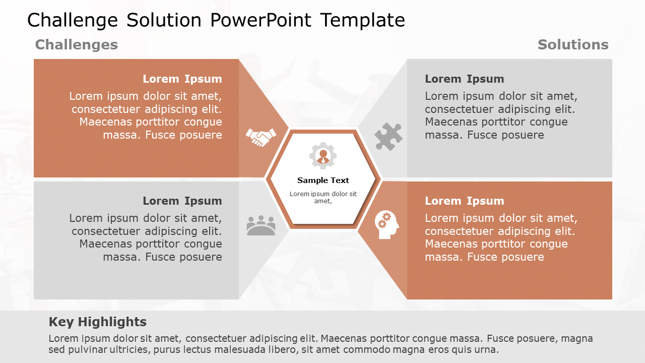 Hexagonal Challenge-Solution Framework in Orange and Gray Slide Template