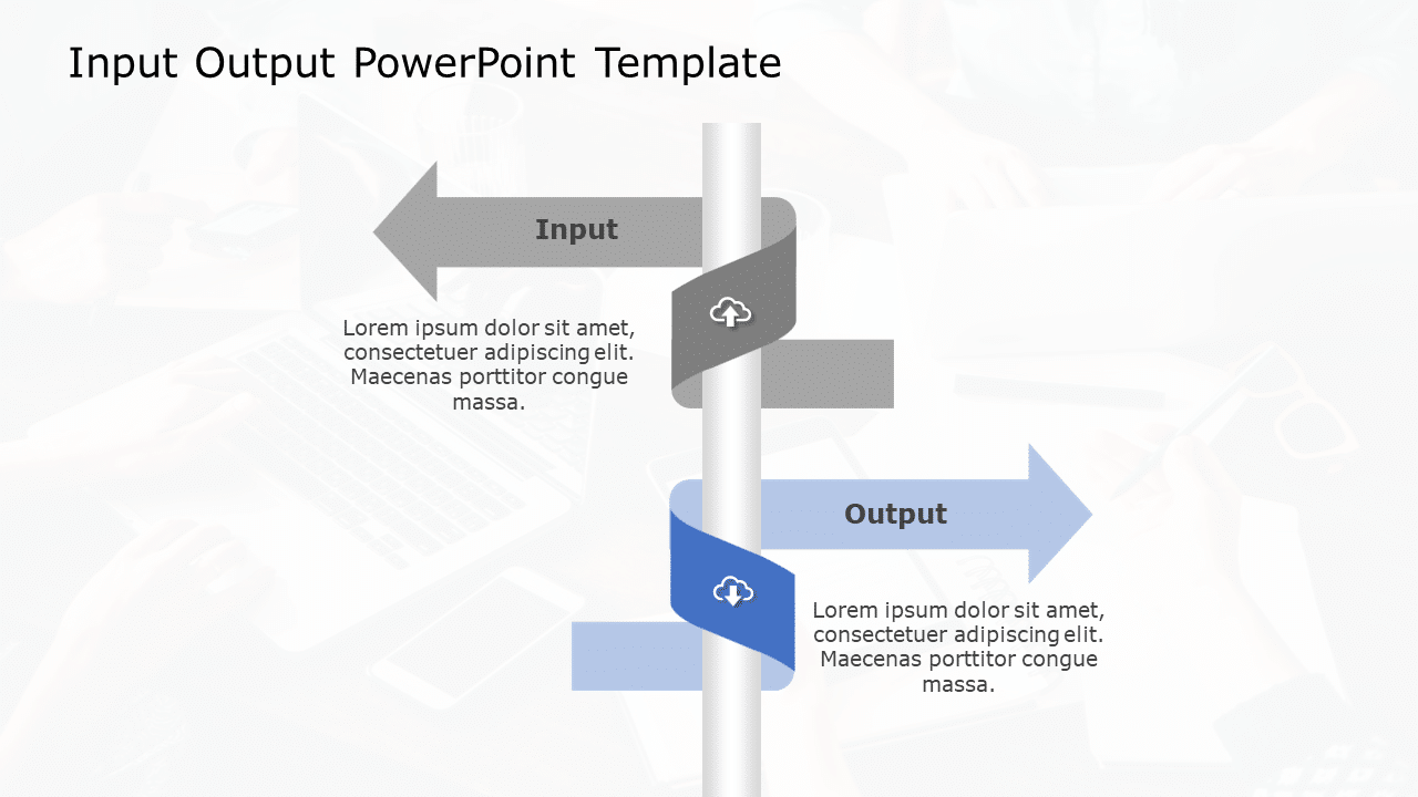 Gray and Blue Input-Output Ribbon Flowchart Slide Template