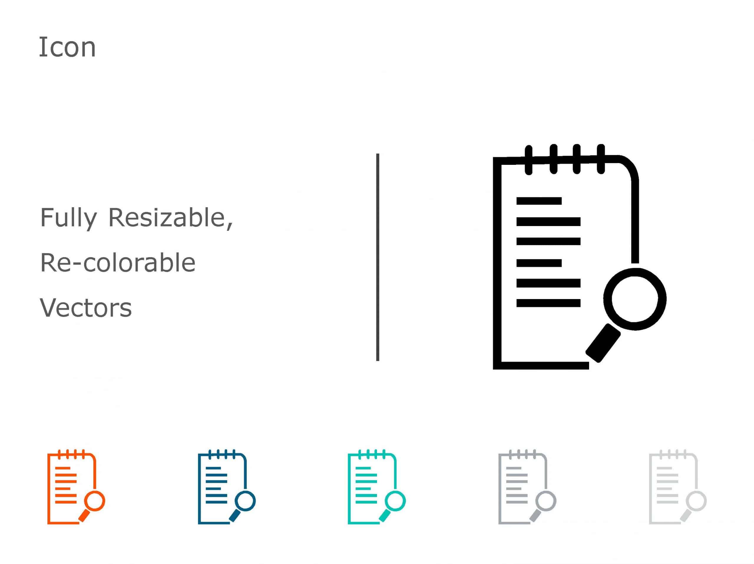 Multicolor Notepad and Magnifying Glass Icon Set Powerpoint Template
