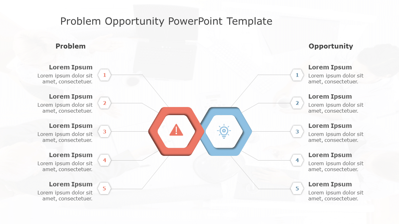 Problem Oppurtunity Table Hexagonal Problem-Opportunity Diagram in Red and Blue Slide Template