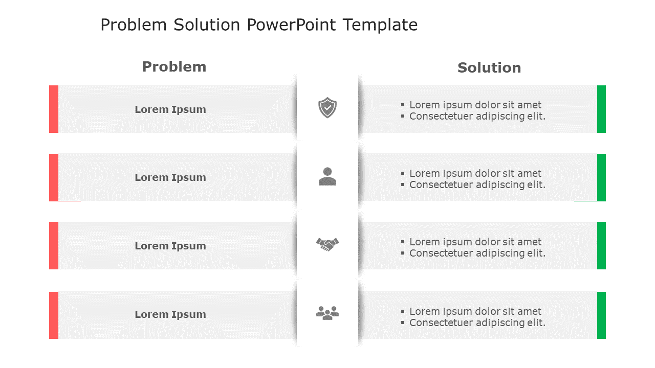 Red and Green Problem-Solution Matrix with Icon Highlights Slide Template