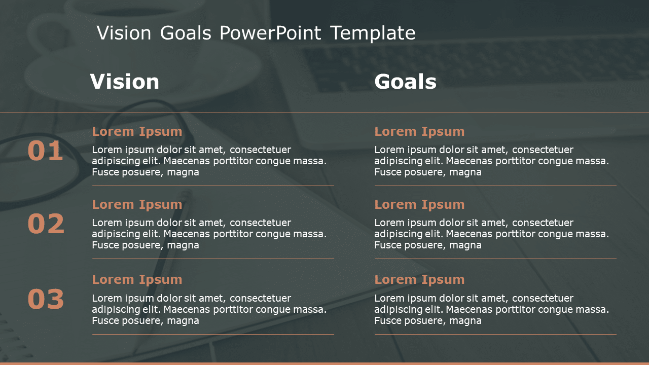 Dark Themed Vision and Goals Layout in Orange and Gray Slide Template