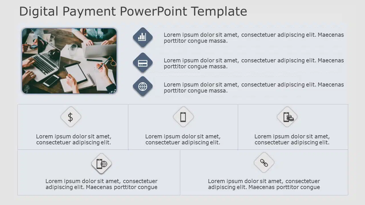 Blue and Gray Digital Payment Icons Layout Presentation Template & Google Slides Theme