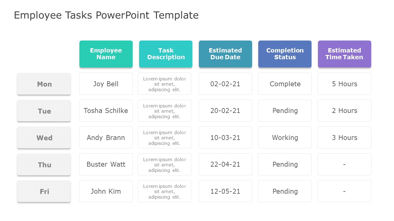 Weekly Employee Task Tracker in Teal and Purple Presentation Template