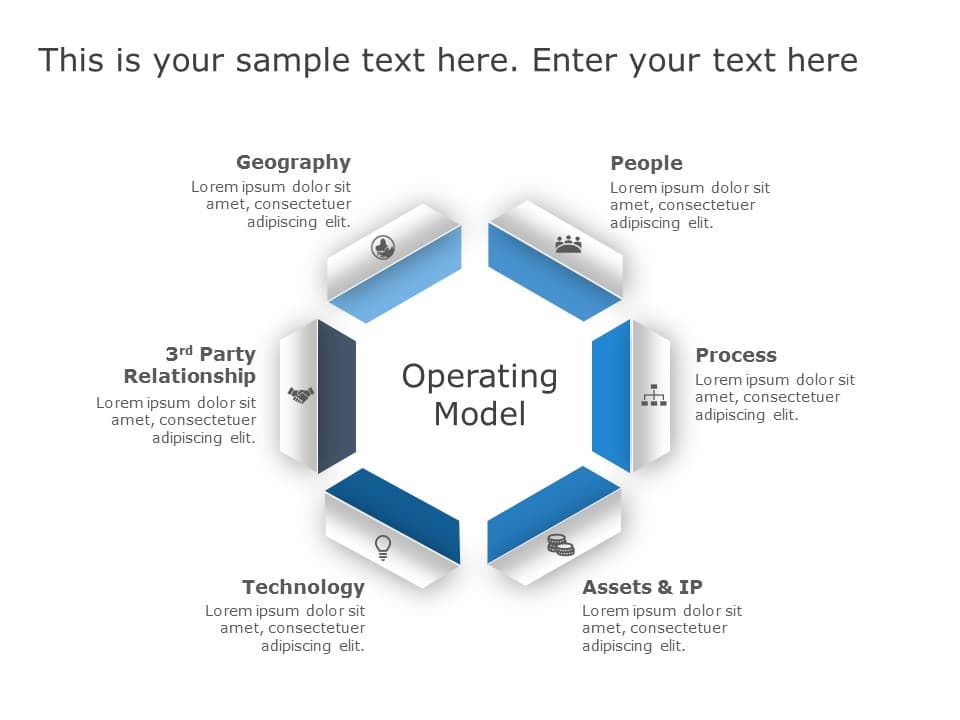 Operating Model Logo Ransparent Blue Hexagonal Operating Model Diagram for Business Strategy Slide Template
