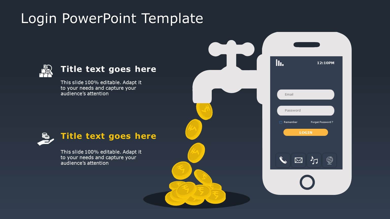Dark Themed Mobile Login Interface with Coin Flow Illustration ...