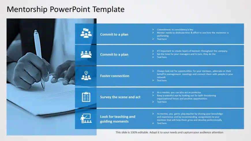 Blue Mentorship Strategy Infographic with Icon Highlights Slide Template