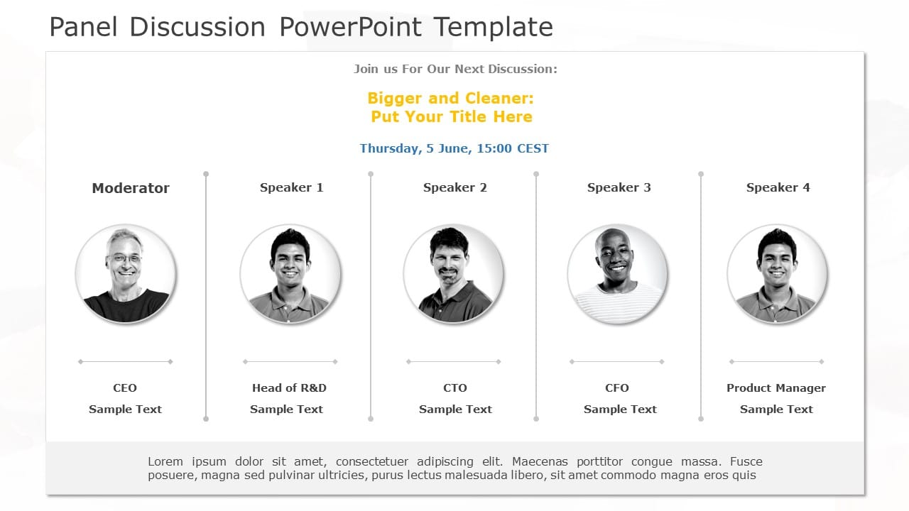Panel Discussion Layout in Neutral Tones Powerpoint Template