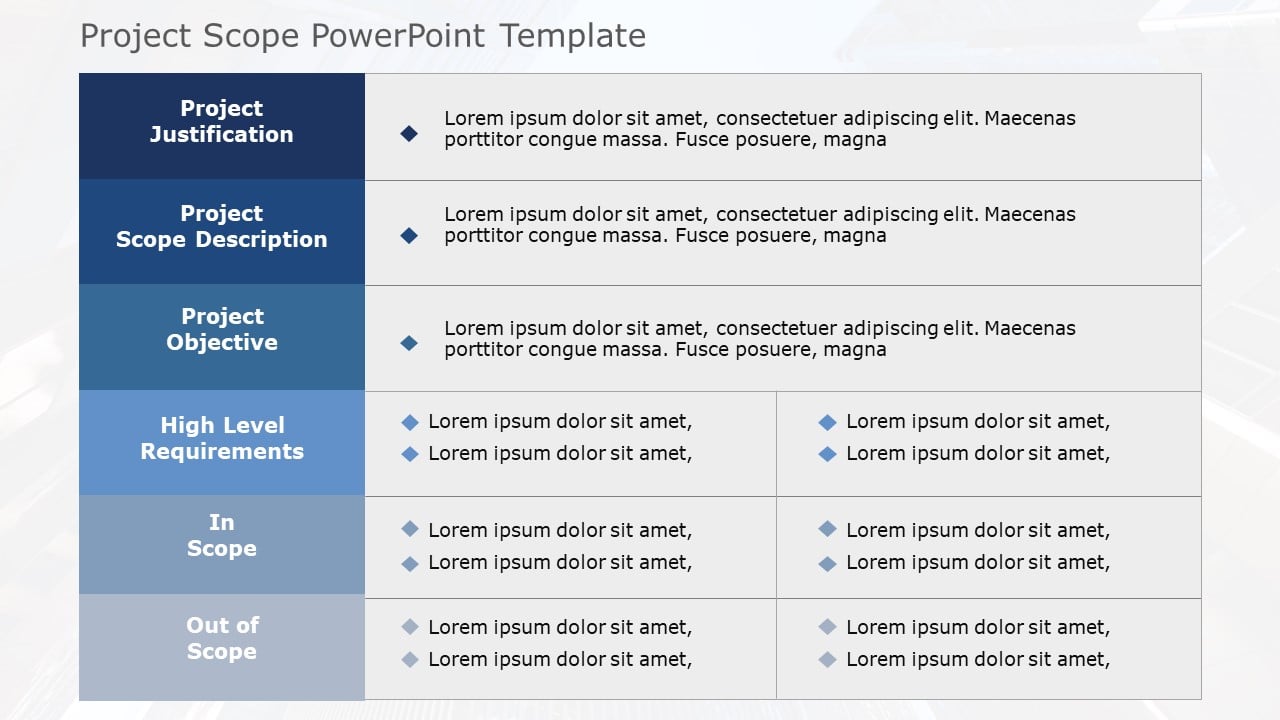 Project Scope Table Design Blue and Gray Project Scope Overview Table Powerpoint Template