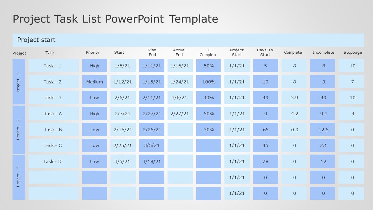 Blue Task Management Table for Project Tracking Powerpoint Template