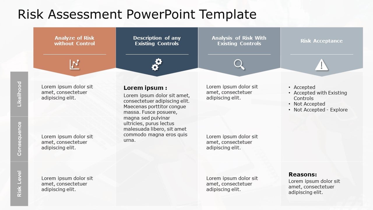 Four-Column Risk Assessment Layout in Earth Tones Presentation Template