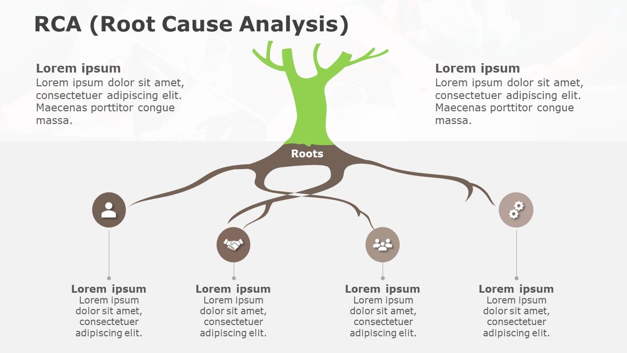 Root Tree Analysis Root Cause Analysis Tree Diagram in Green and Brown Powerpoint Template