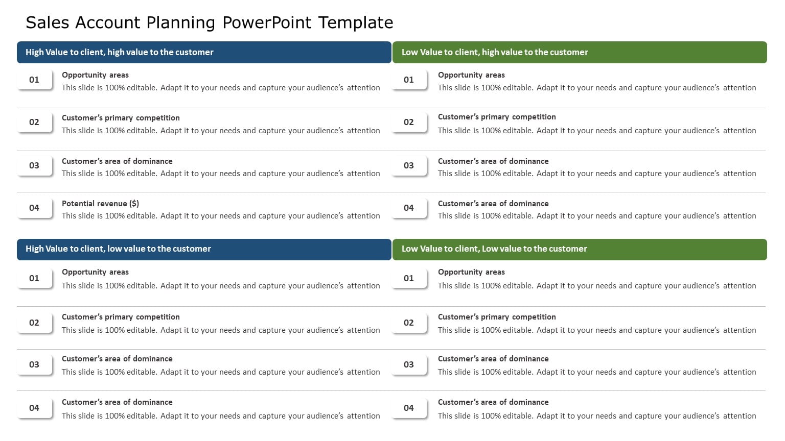 Sales Account Planning Matrix in Blue and Green Tones Presentation Template
