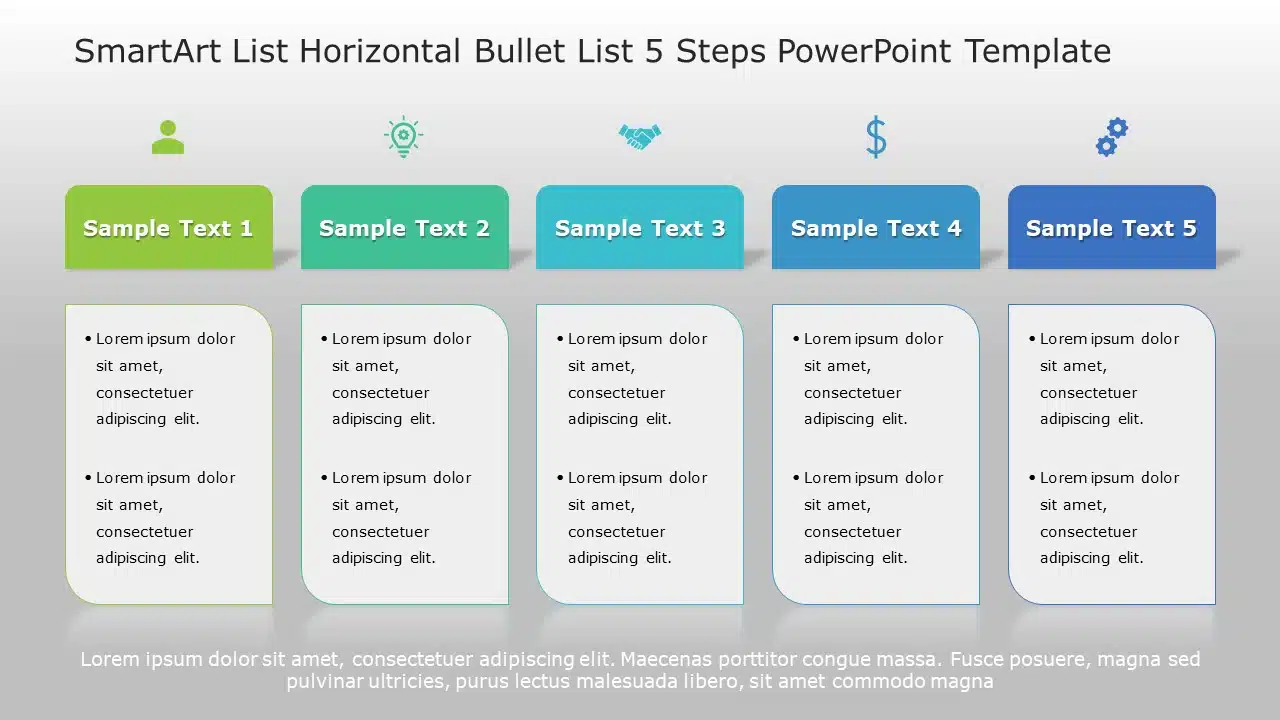 SmartArt List Horizontal Bullet List 5 Steps PowerPoint Template & Google Slides Theme