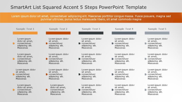 SmartArt List Squared Accent 5 Steps PowerPoint Template & Google Slides Theme