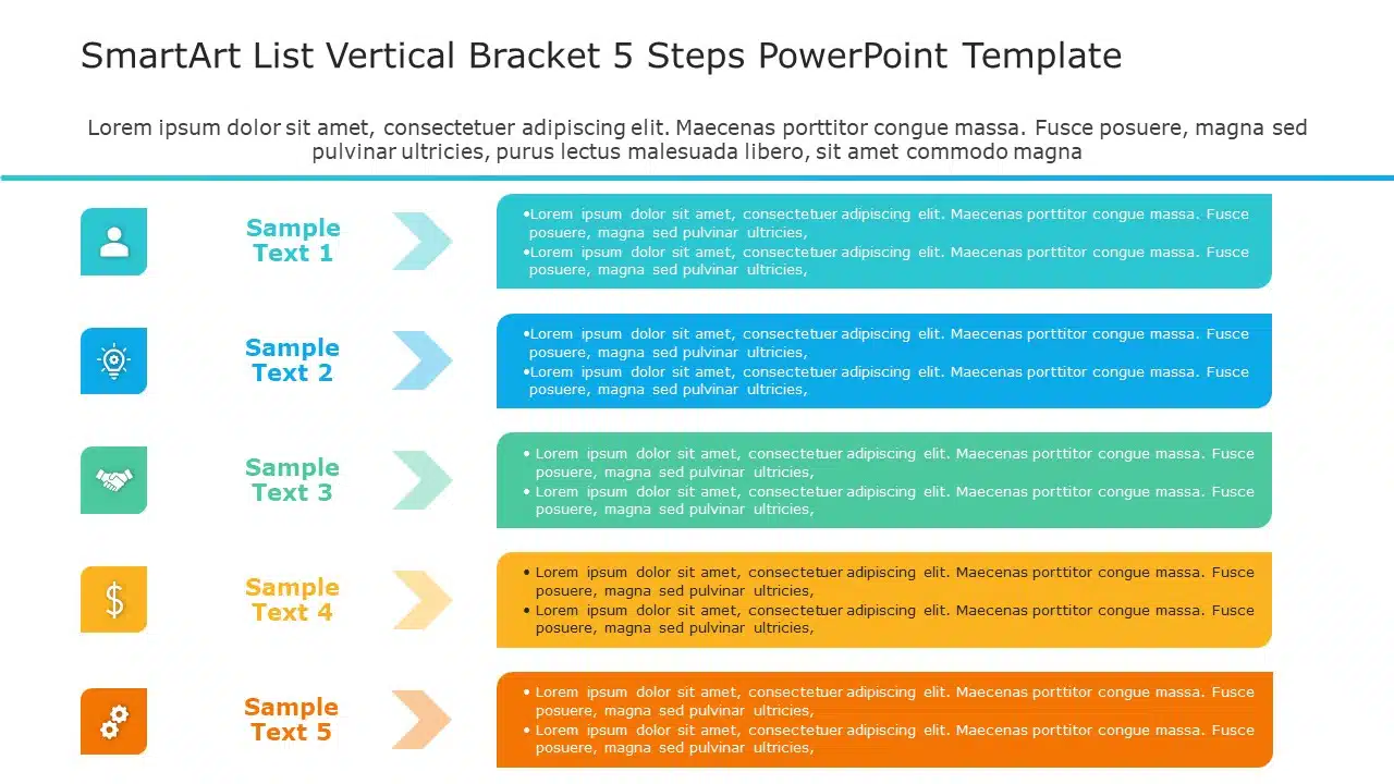 SmartArt List Vertical Bracket 5 Steps PowerPoint Template & Google Slides Theme