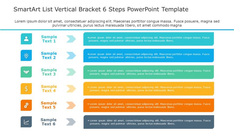 SmartArt List Vertical Bracket 6 Steps PowerPoint Template & Google Slides Theme