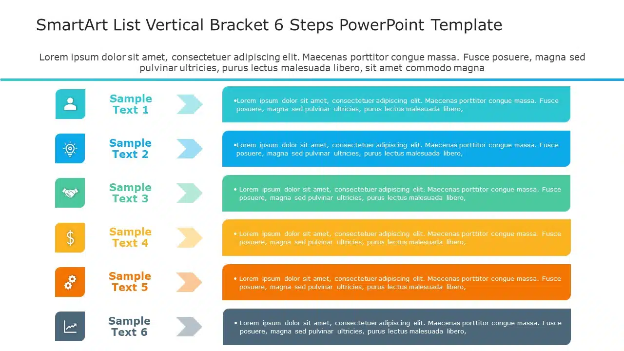 SmartArt List Vertical Bracket 6 Steps PowerPoint Template & Google Slides Theme