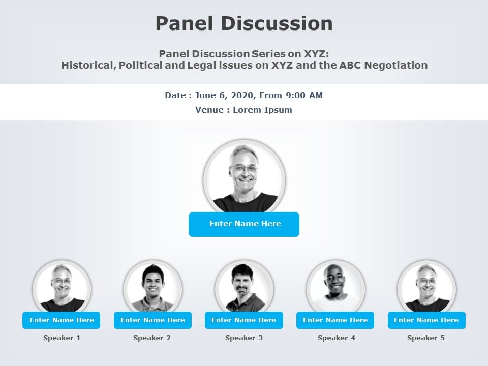 Interactive Panel Discussion Layout Panel Discussion Layout in Blue and White Tones Powerpoint Template