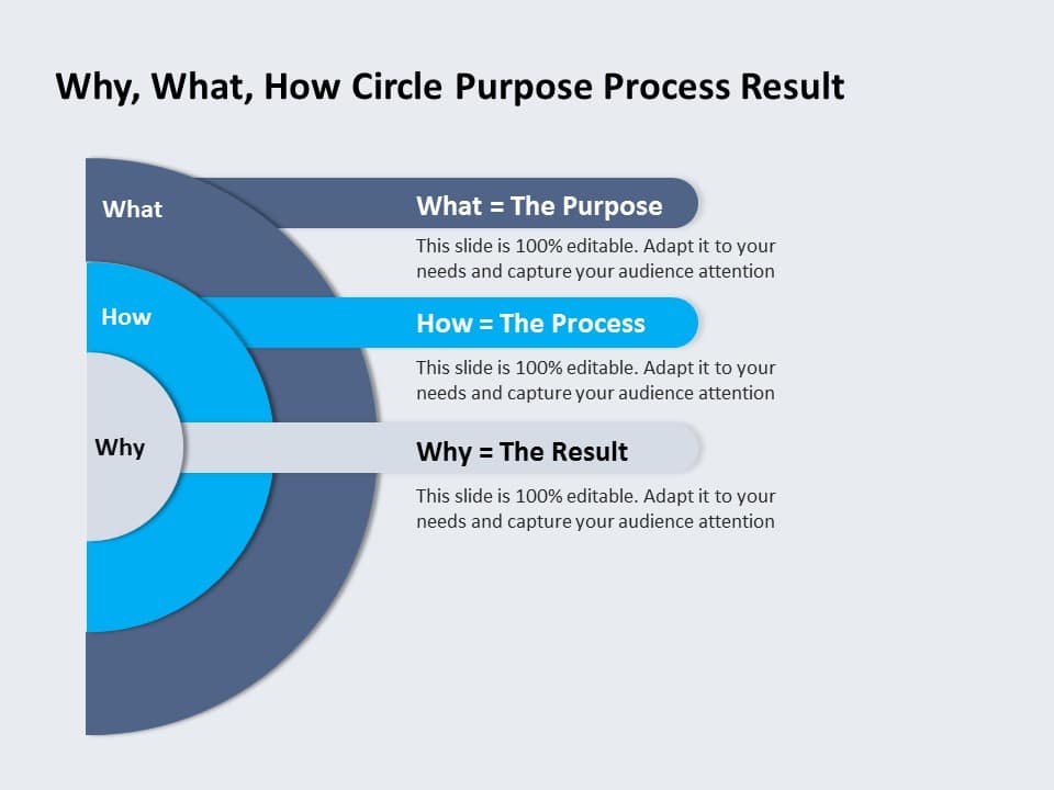 Why How Model Blue and Gray Circular Why-What-How Diagram Slide Template