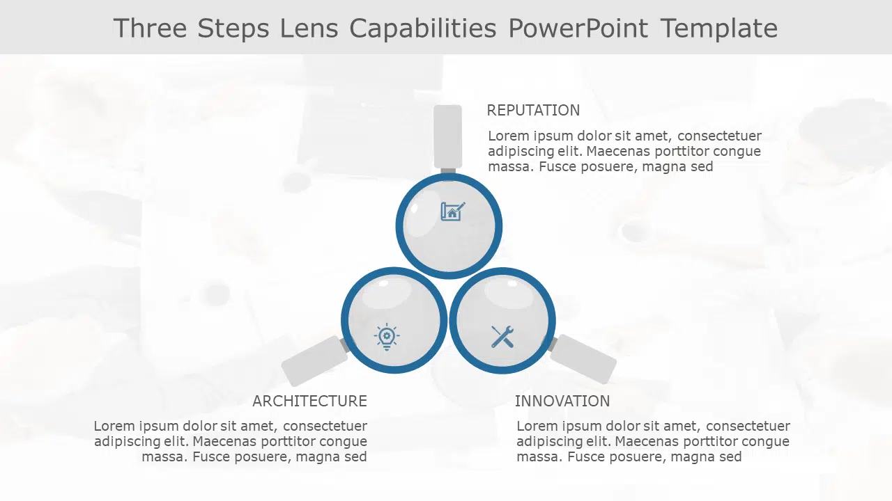 Three Steps Lens Capabilities PowerPoint Template & Google Slides Theme