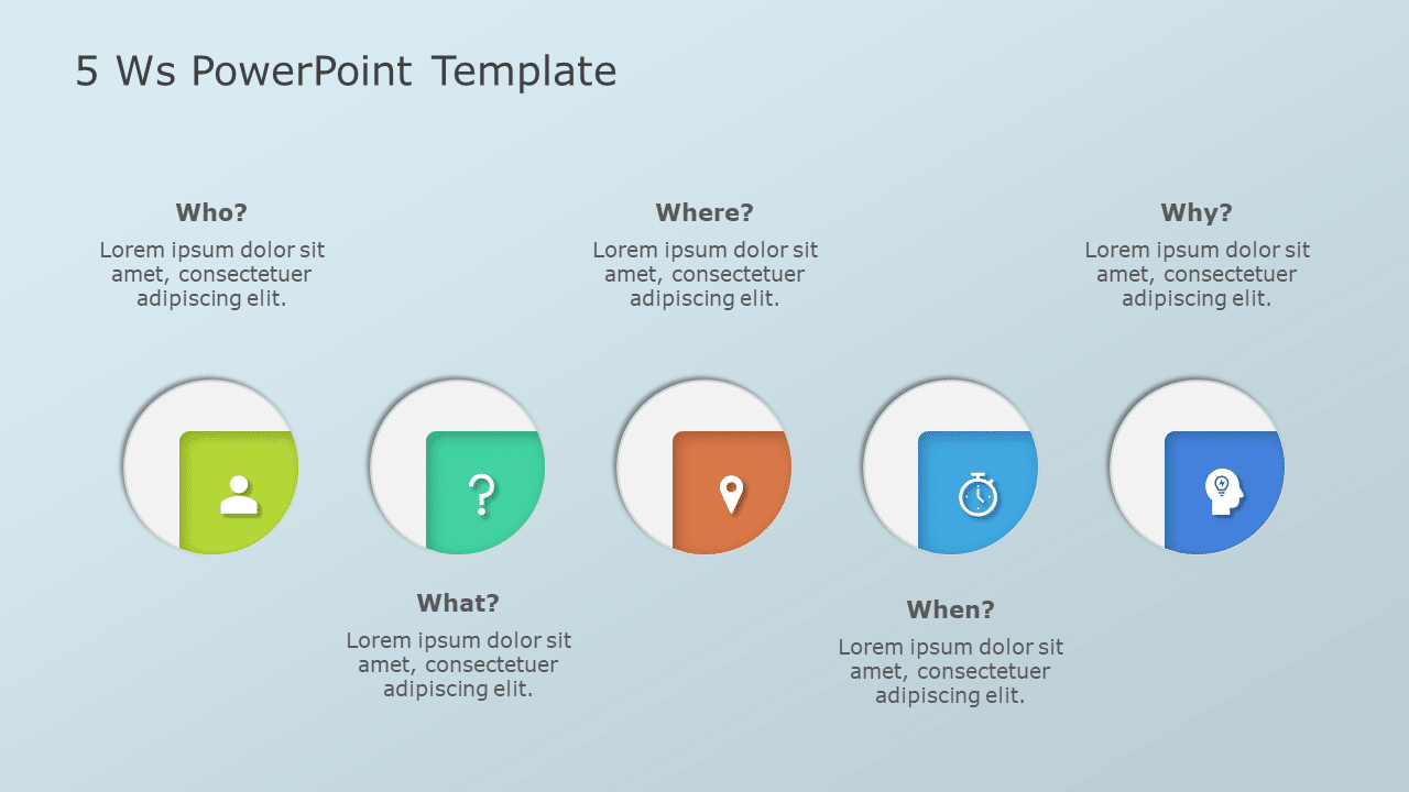 5 Ws PowerPoint Template & Google Slides Theme