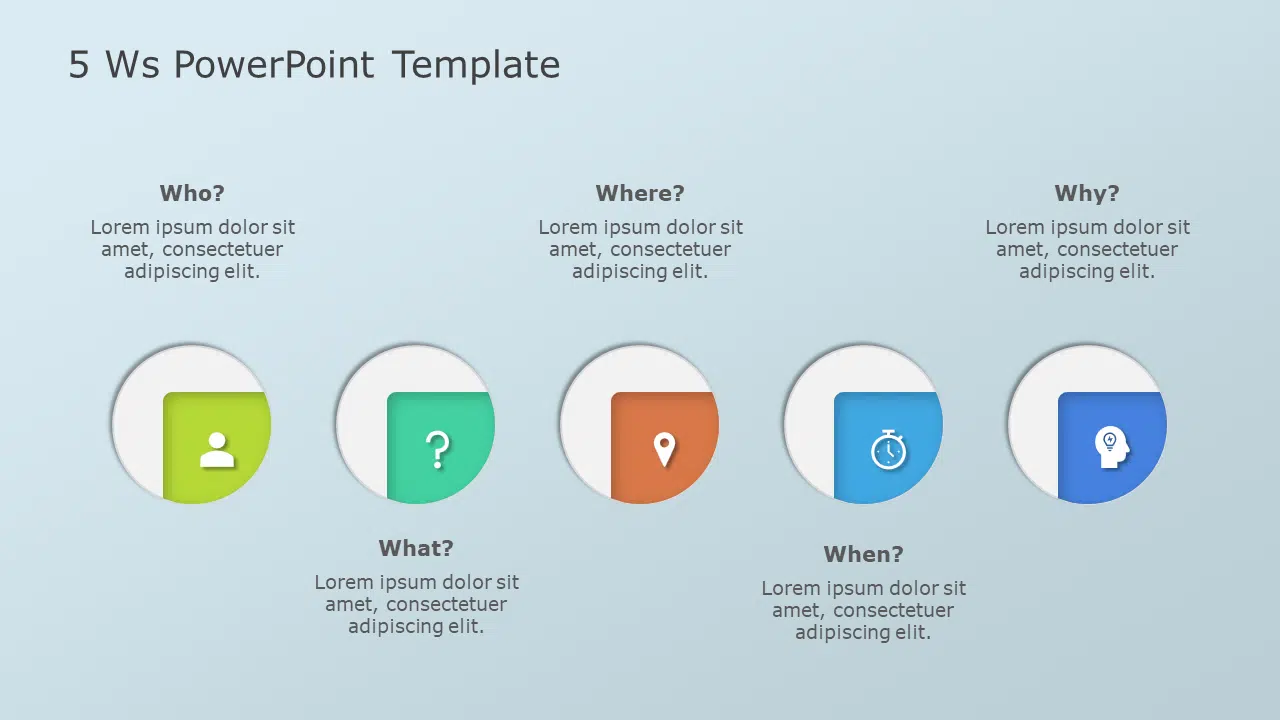 5 Ws PowerPoint Template & Google Slides Theme