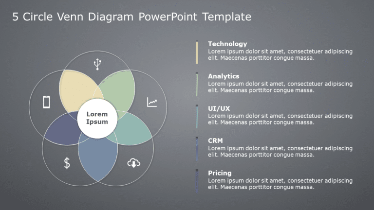 5 Circle Venn Diagram 02 PowerPoint Template & Google Slides Theme