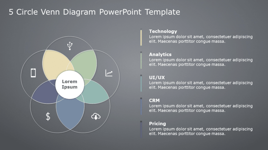 5 Circle Venn Diagram 02 PowerPoint Template