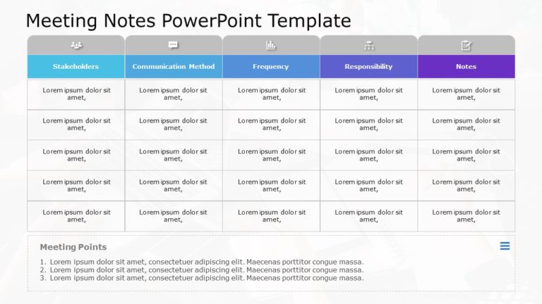 Color-Coded Meeting Notes Table for Stakeholder Communication Powerpoint Template & Google Slides Theme