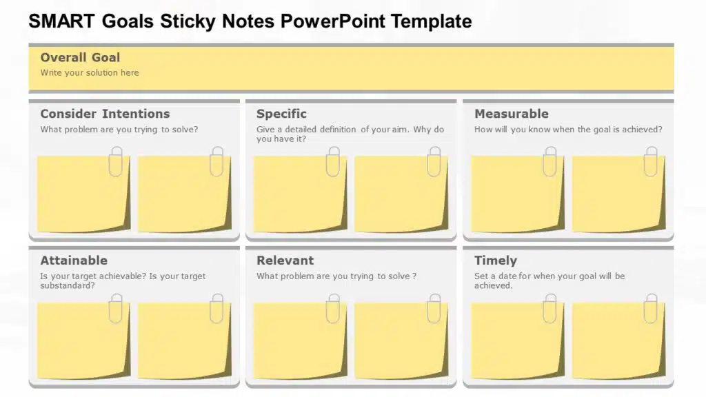 Describes a SMART Goals Sticky Notes PowerPoint Template