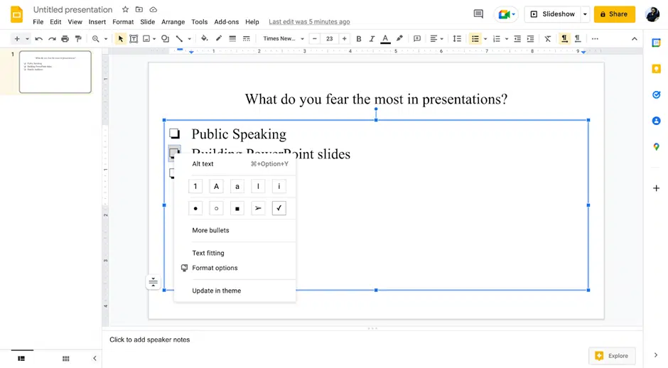 google presentation checkbox