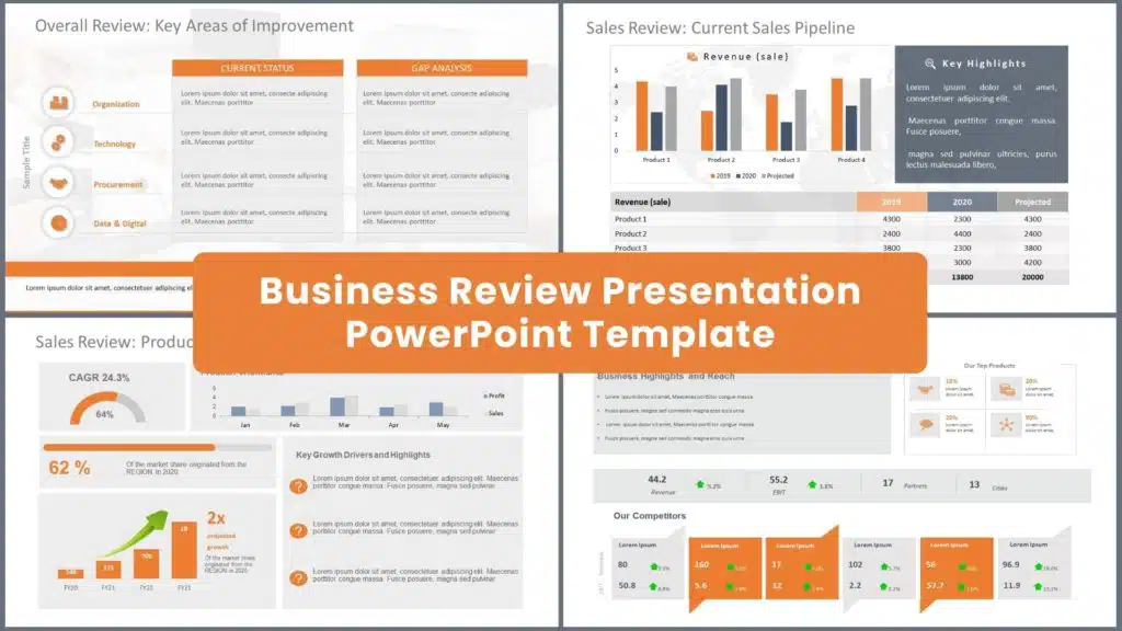 Collection of Business Review Presentation Templates such as Overall Review and Sales Review
