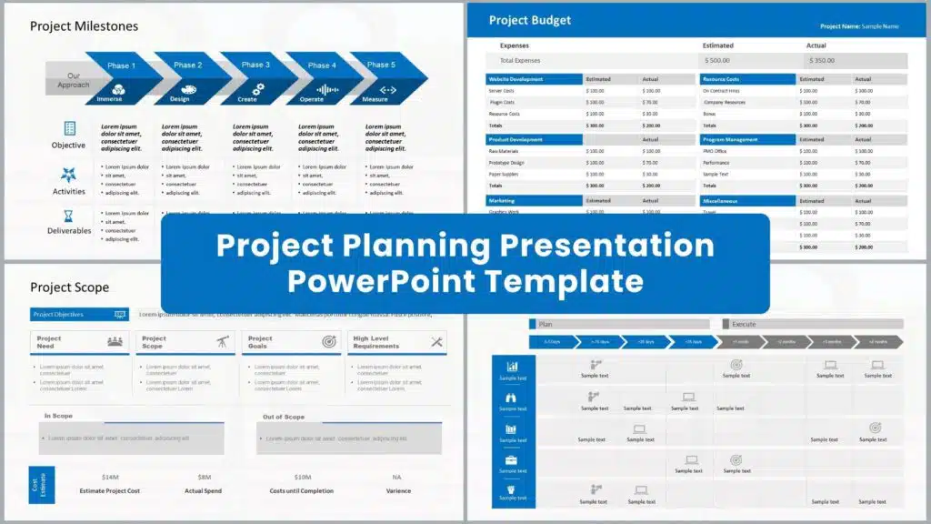 Collection of Project Planning Presentation Templates including Project Milestones, Project Budget, and Project Scope