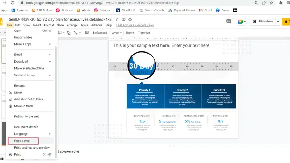 A screenshot of a presentation, where the steps of how to change slide size in Google Slides is shown. In the 'File' menu, 'Page Setup' is marked by a red rectangle.