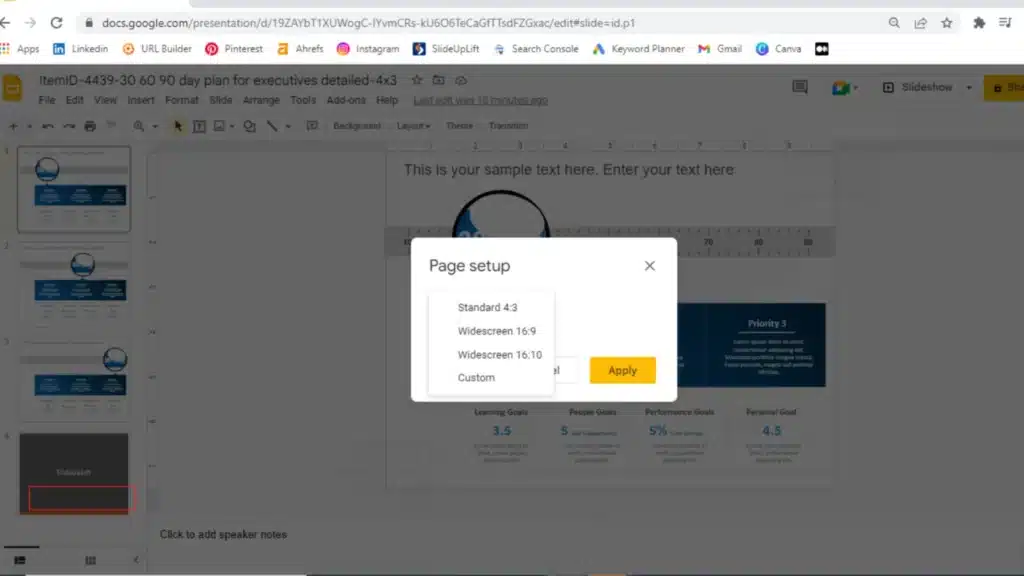 A screenshot of a presentation in which the Page Setup popup is displayed. The popup has a dropdown that contains four options of Google Slides dimensions to choose from. The options are Standard 4:3, Widescreen 16:9, Widescreen 16:10, and Custom.