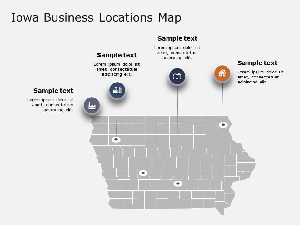 Gray Iowa Business Map with Iconic Location Highlights Slide Template
