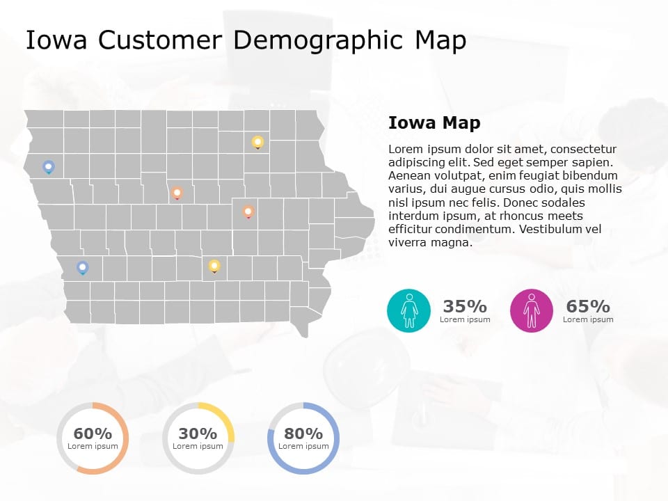 Iowa Statistics Map Iowa Demographic Map with Colorful Pin Indicators Slide Template