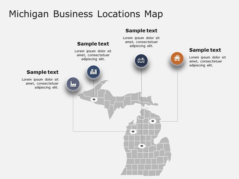 Gray Michigan Business Map with Iconic Location Highlights Powerpoint ...