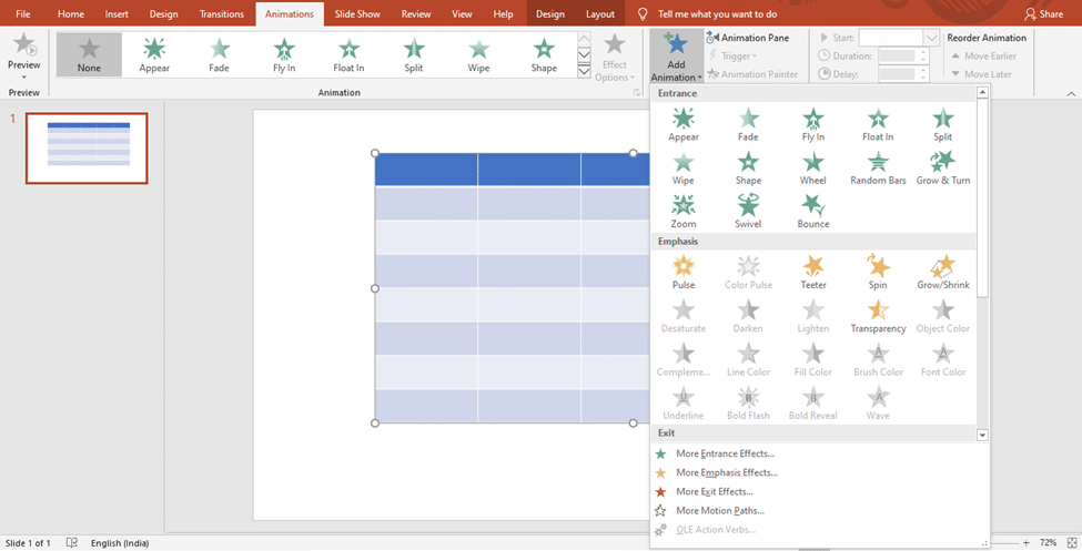 animate table in PowerPoint