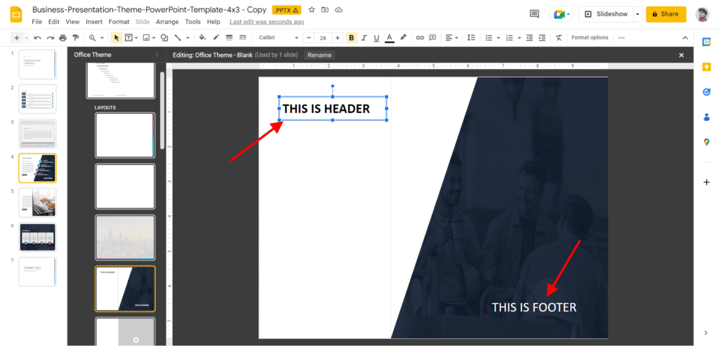 how to edit header and footer in google slides