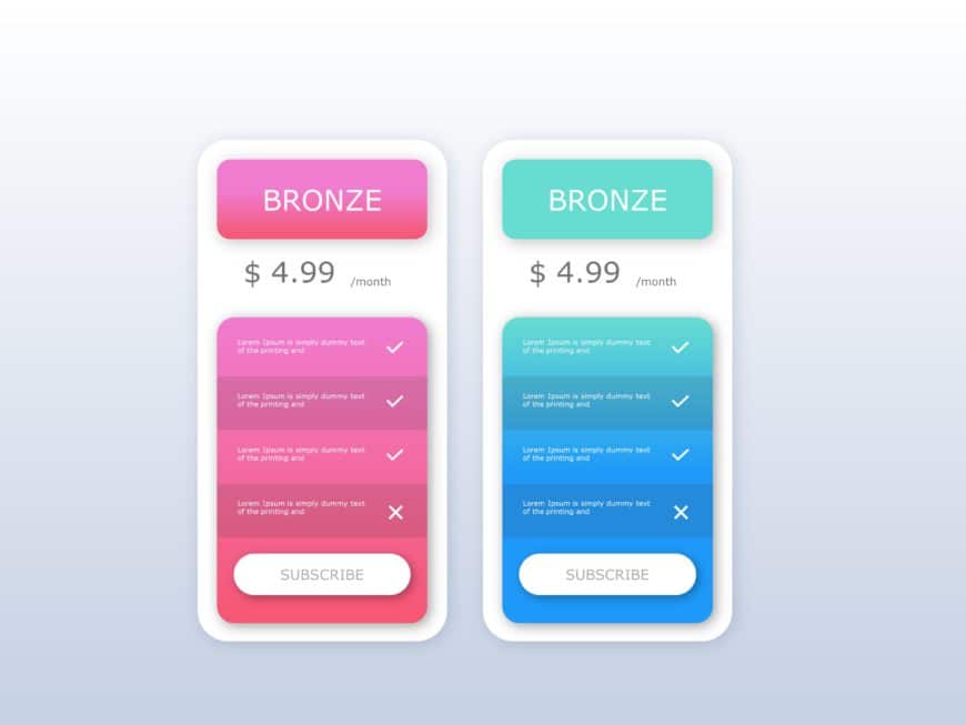 Colored Pricing PowerPoint Table